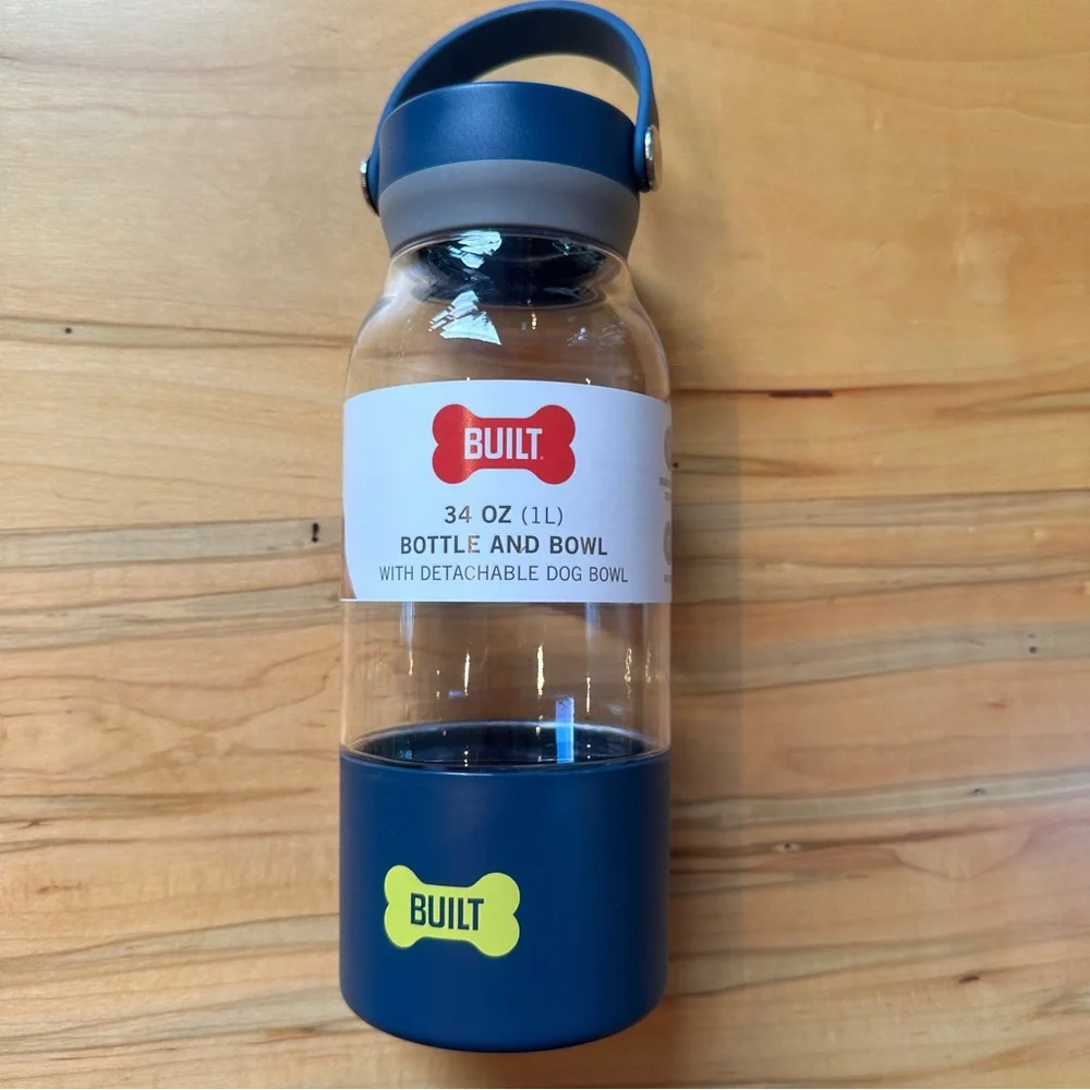 BUILT Pet 34oz Tritan Travel Water Bottle with 12oz Bowl Navy Clear